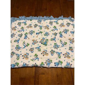 Vintage Handmade Baby Quilt Hand Tied Blue Boy and Girl Basket Wagon 46”x31”